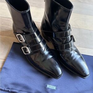 Prada Women Brushed Leather Ankle Boots with Double-Buckle
